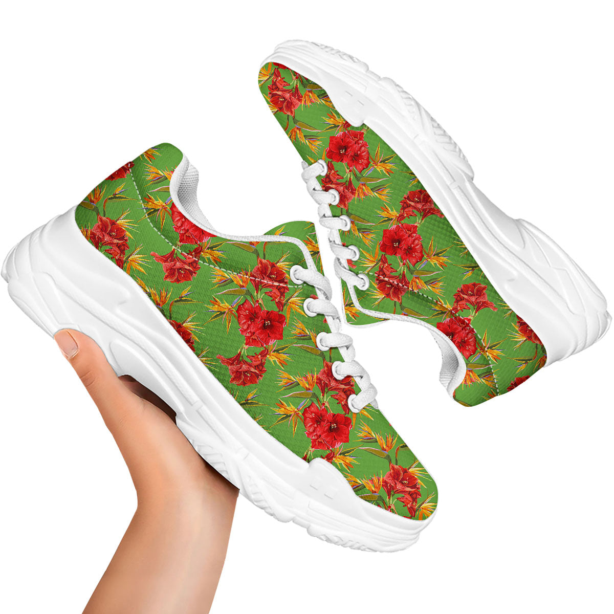 Japanese Amaryllis Yellow And Red Print Pattern White Chunky Shoes-grizzshop