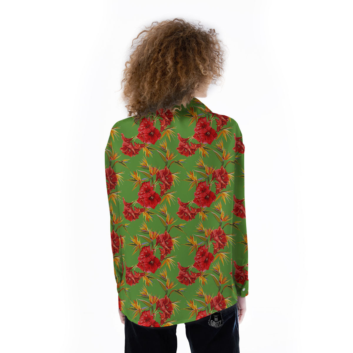 Japanese Amaryllis Yellow And Red Print Pattern Women's Long Sleeve Shirts-grizzshop