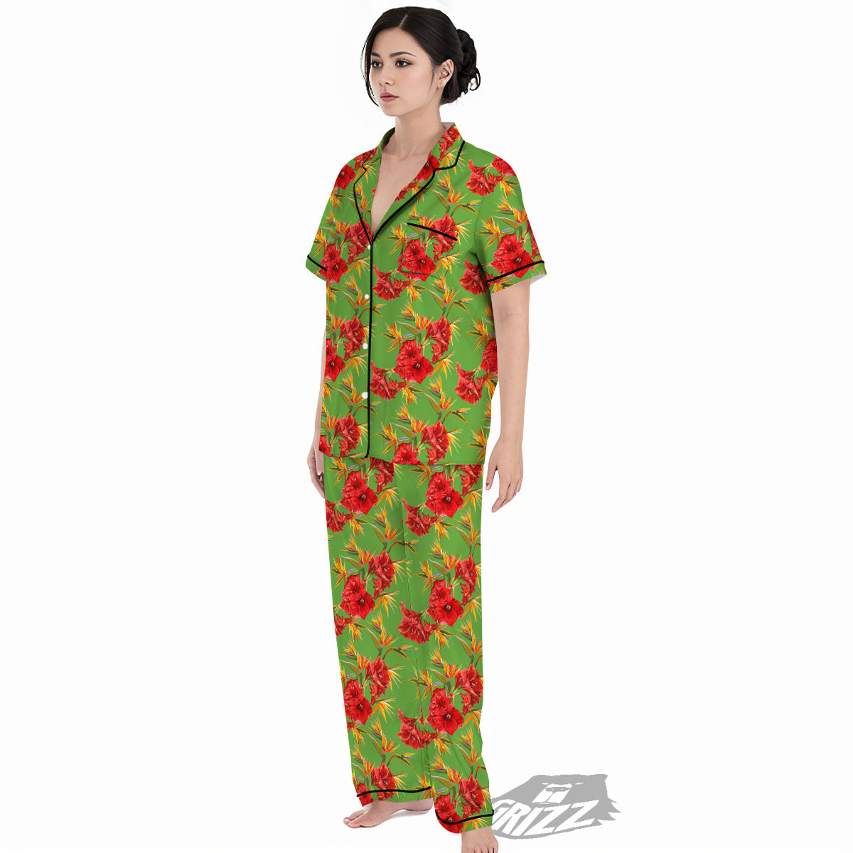 Japanese Amaryllis Yellow And Red Print Pattern Women's Pajamas Set-grizzshop