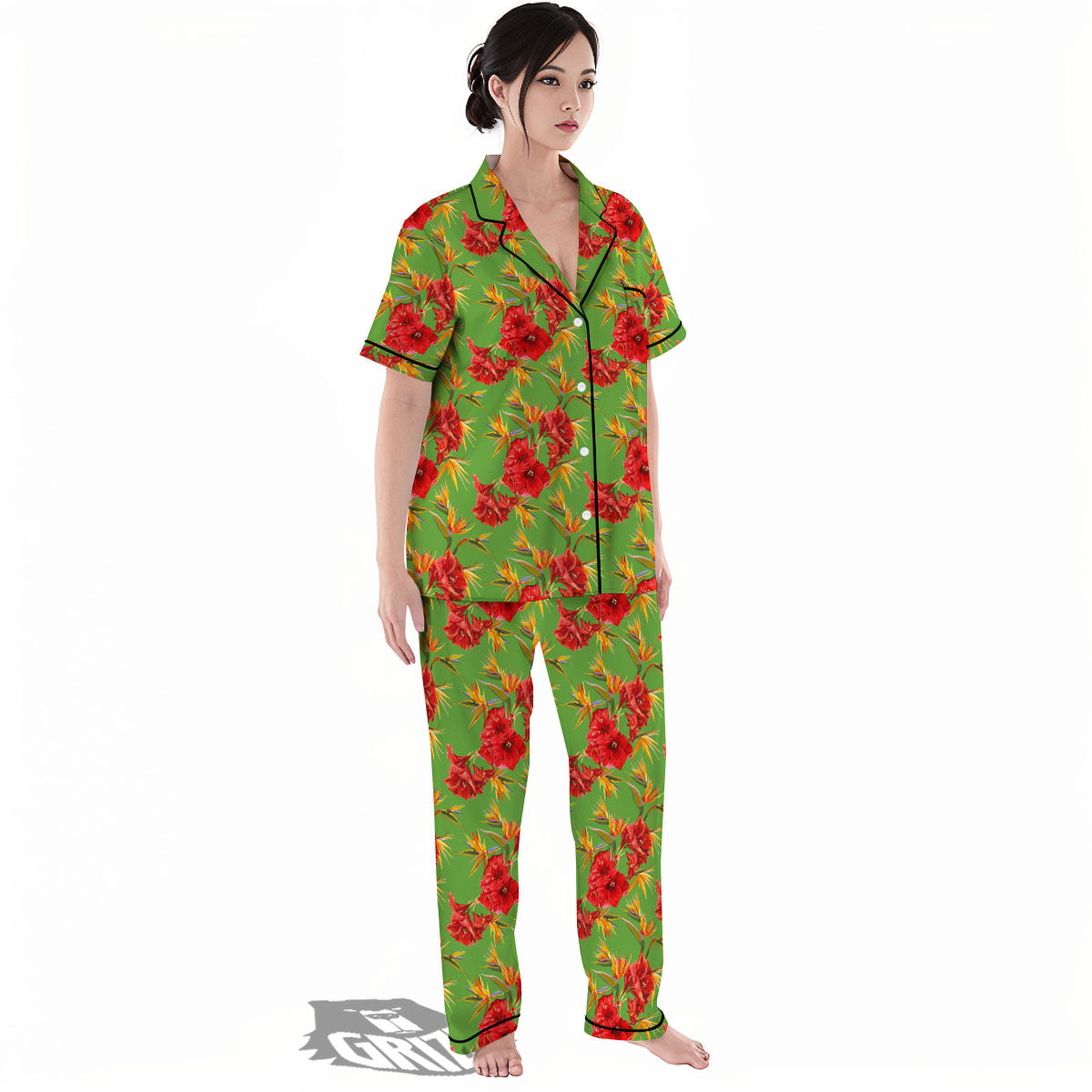 Japanese Amaryllis Yellow And Red Print Pattern Women's Pajamas Set-grizzshop