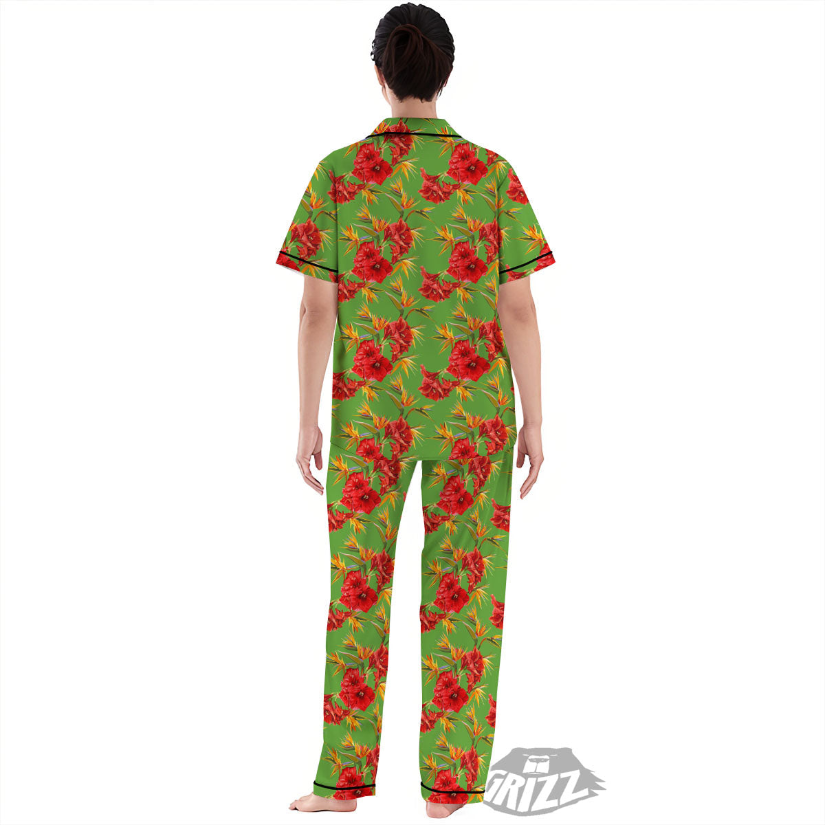 Japanese Amaryllis Yellow And Red Print Pattern Women's Pajamas Set-grizzshop