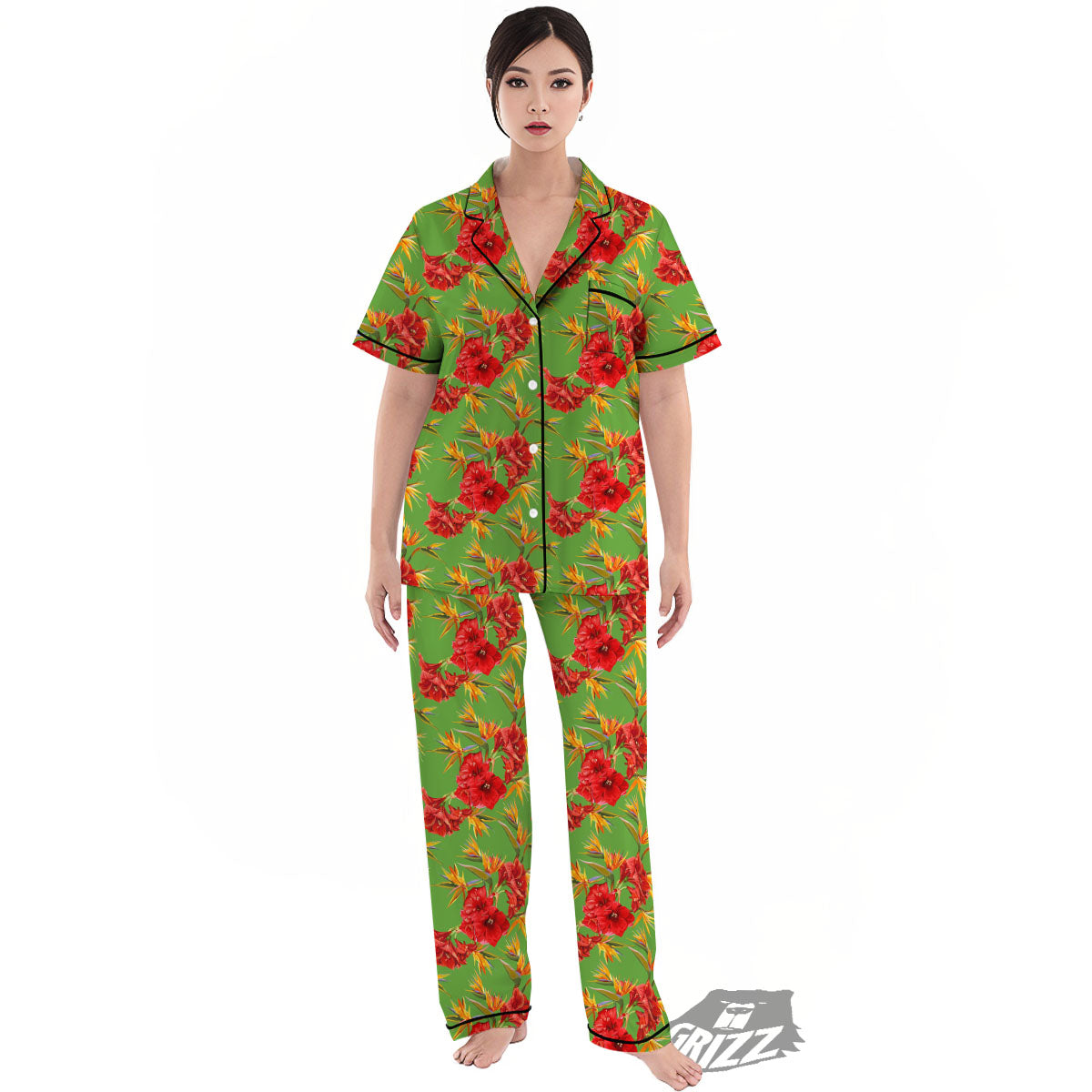 Japanese Amaryllis Yellow And Red Print Pattern Women's Pajamas Set-grizzshop