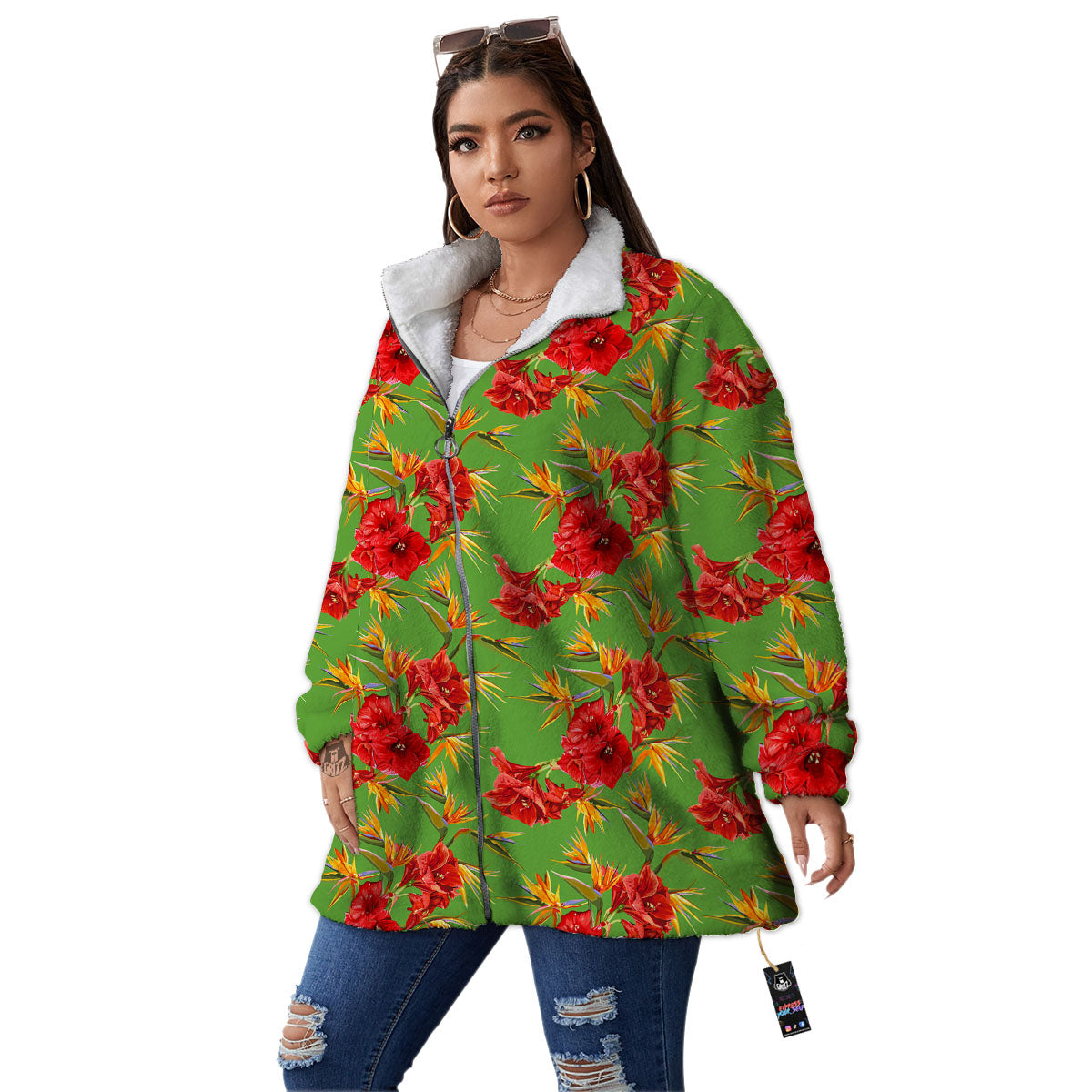 Japanese Amaryllis Yellow And Red Print Pattern Women's Sherpa Jacket-grizzshop