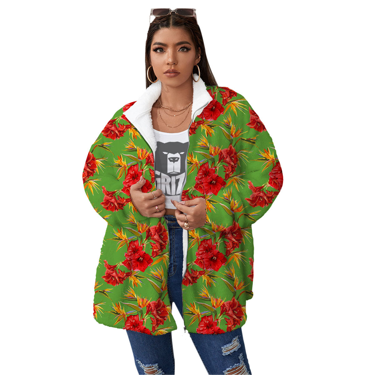 Japanese Amaryllis Yellow And Red Print Pattern Women's Sherpa Jacket-grizzshop