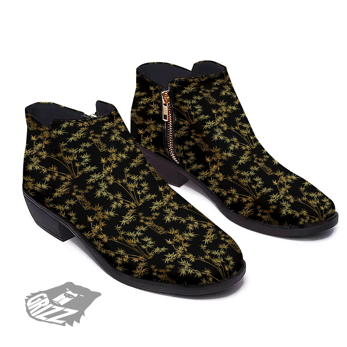 Japanese Bamboo Black And Gold Print Pattern Ankle Boots-grizzshop