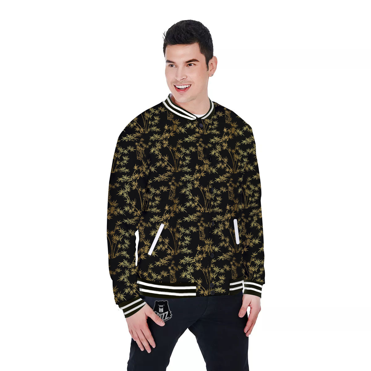 Japanese Bamboo Black And Gold Print Pattern Baseball Jacket-grizzshop