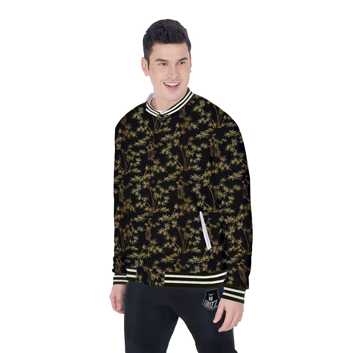Japanese Bamboo Black And Gold Print Pattern Baseball Jacket-grizzshop