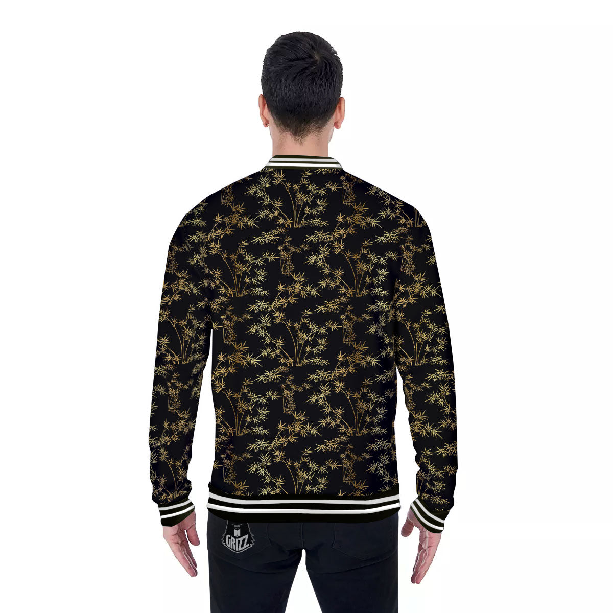 Japanese Bamboo Black And Gold Print Pattern Baseball Jacket-grizzshop