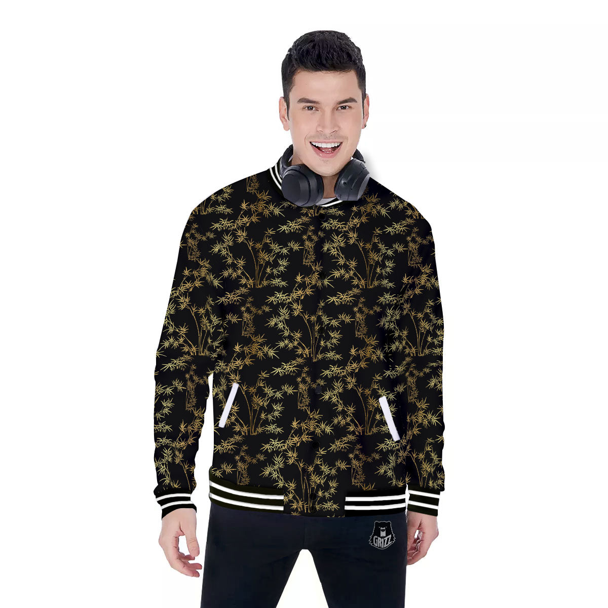 Japanese Bamboo Black And Gold Print Pattern Baseball Jacket-grizzshop
