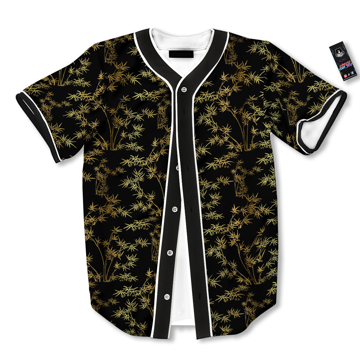 Japanese Bamboo Black And Gold Print Pattern Baseball Jersey-grizzshop
