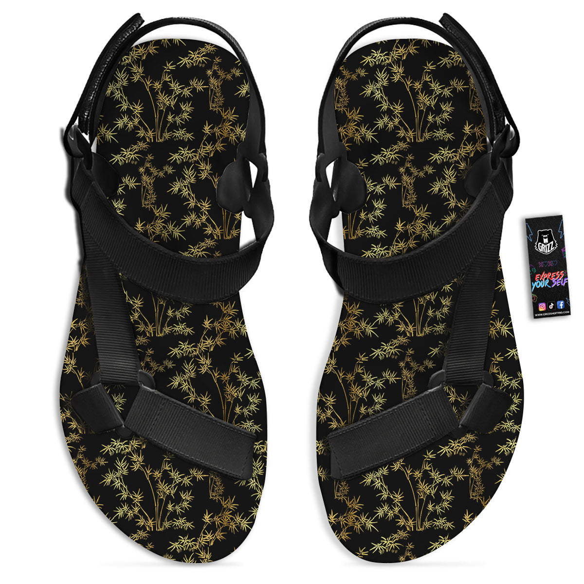 Japanese Bamboo Black And Gold Print Pattern Black Open Toe Sandals-grizzshop
