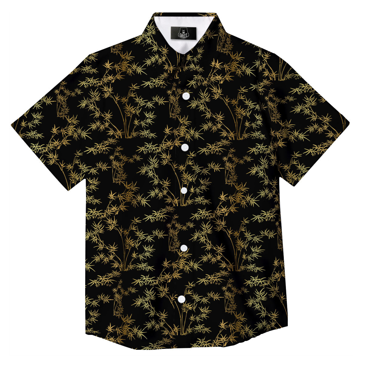 Japanese Bamboo Black And Gold Print Pattern Button Up Shirt-grizzshop