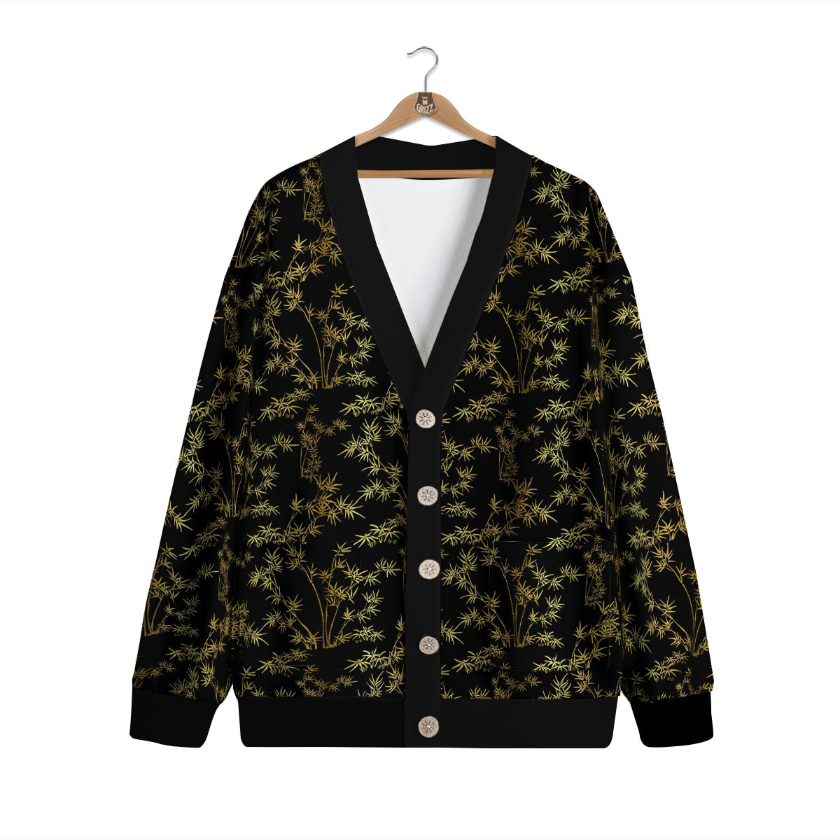 Japanese Bamboo Black And Gold Print Pattern Cardigan-grizzshop