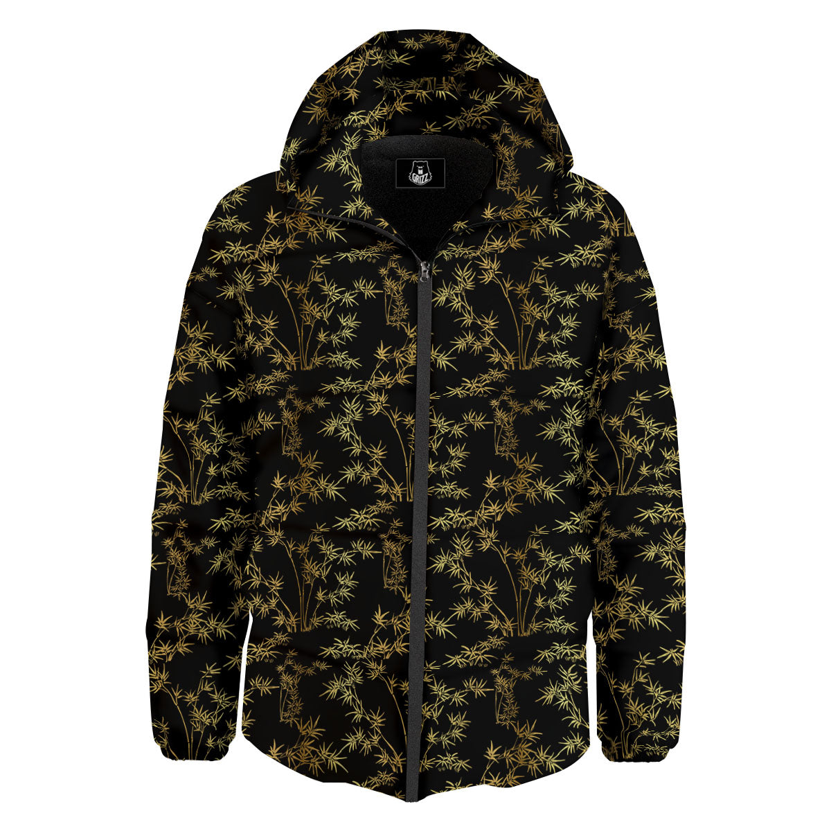 Japanese Bamboo Black And Gold Print Pattern Down Jacket-grizzshop