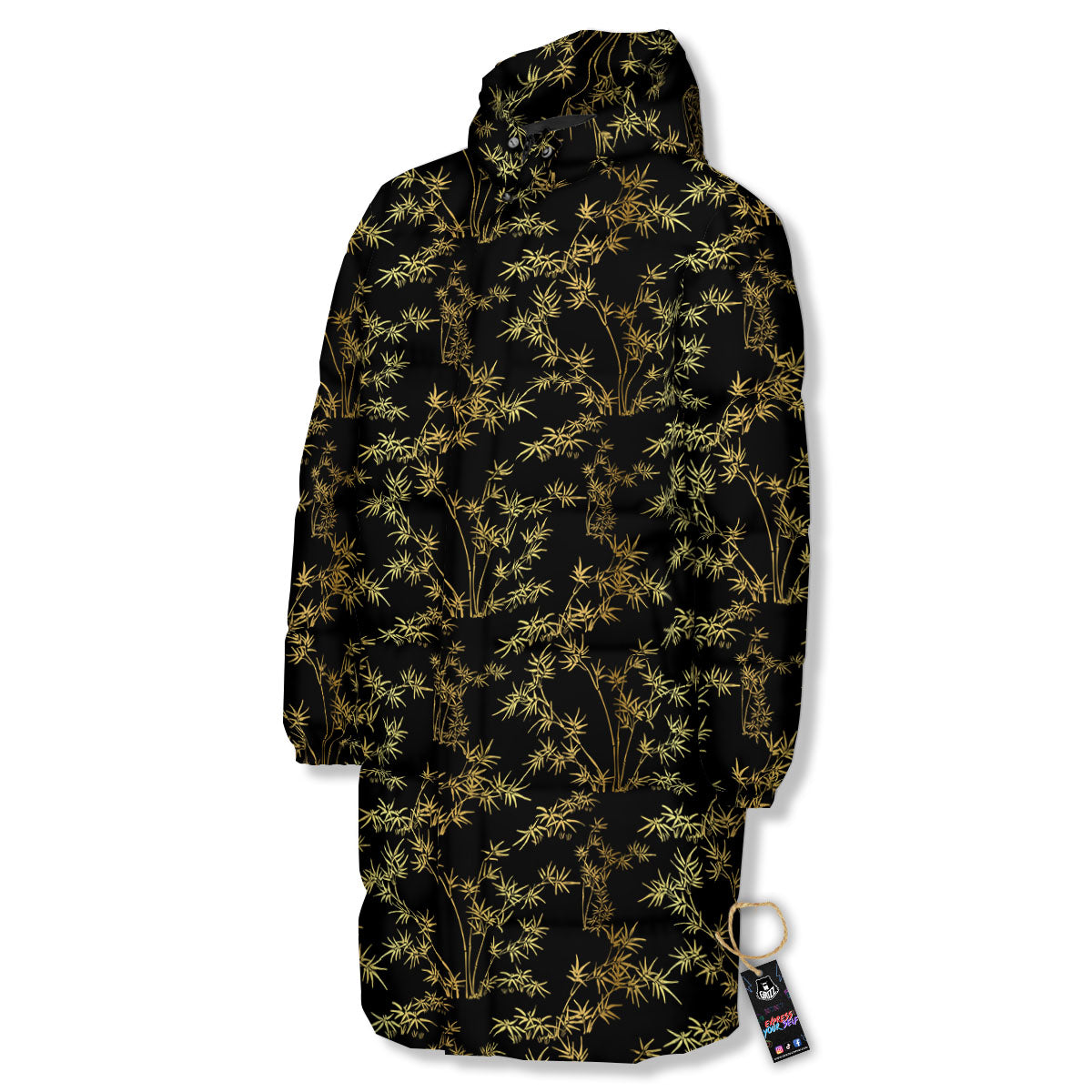 Japanese Bamboo Black And Gold Print Pattern Long Down Jacket-grizzshop