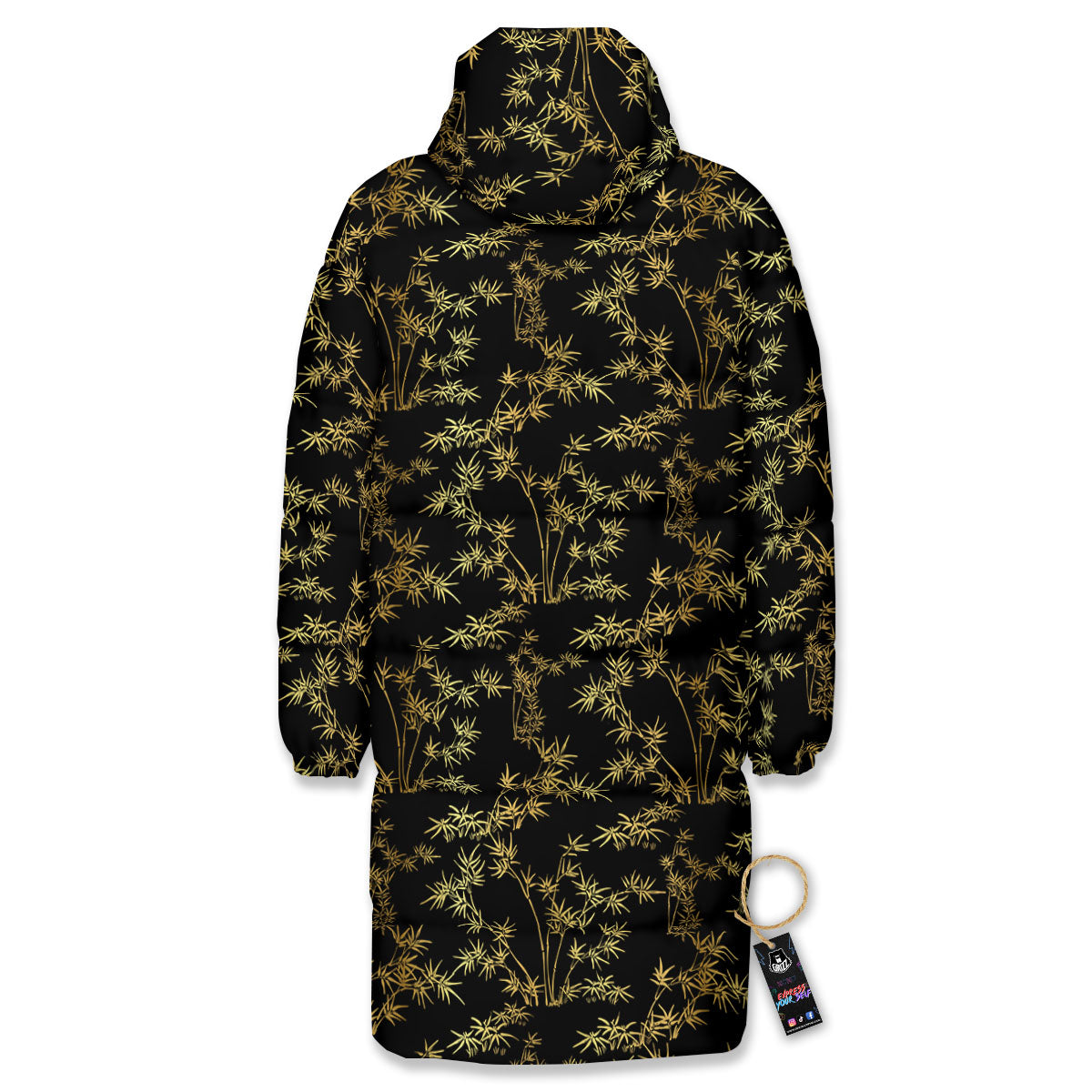 Japanese Bamboo Black And Gold Print Pattern Long Down Jacket-grizzshop
