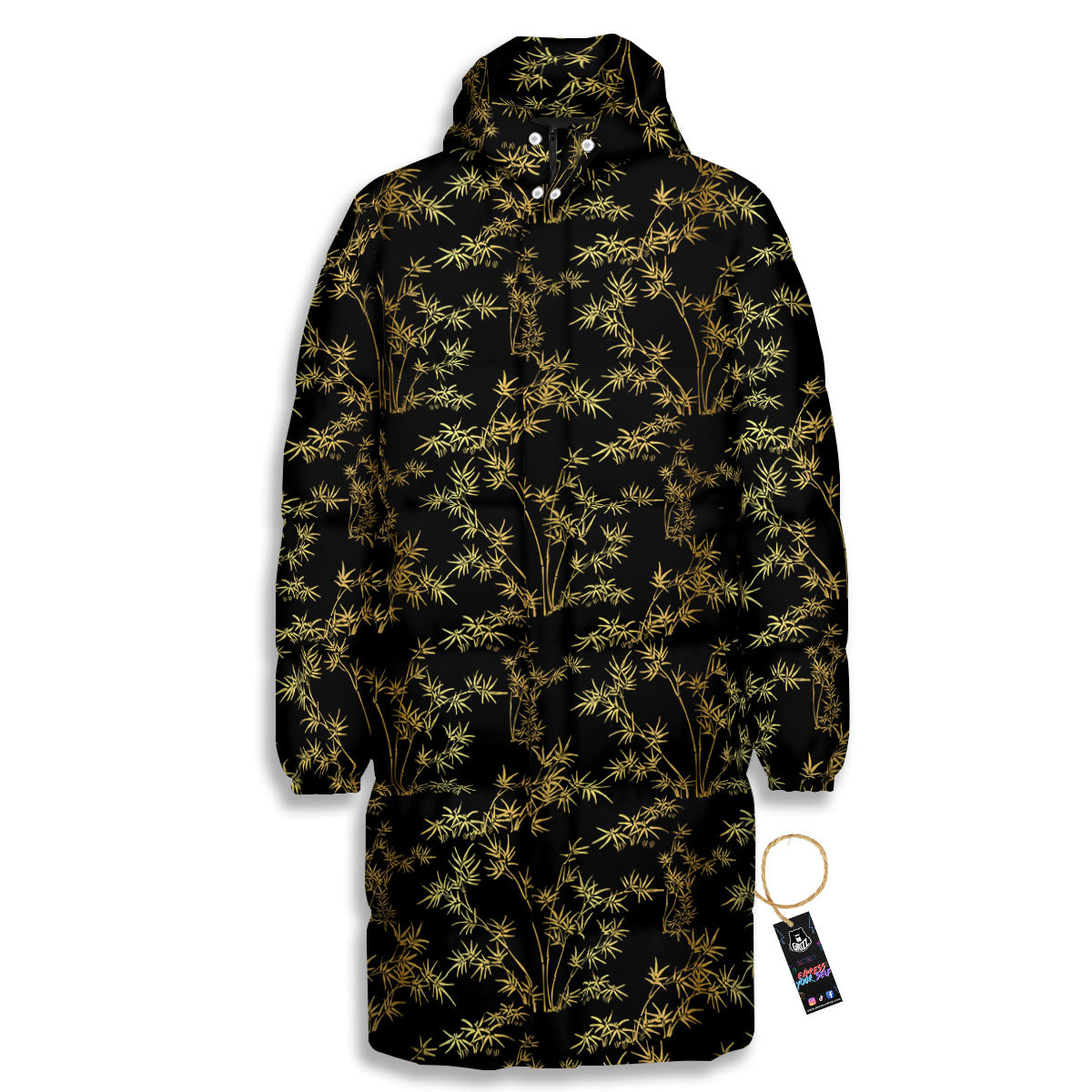 Japanese Bamboo Black And Gold Print Pattern Long Down Jacket-grizzshop