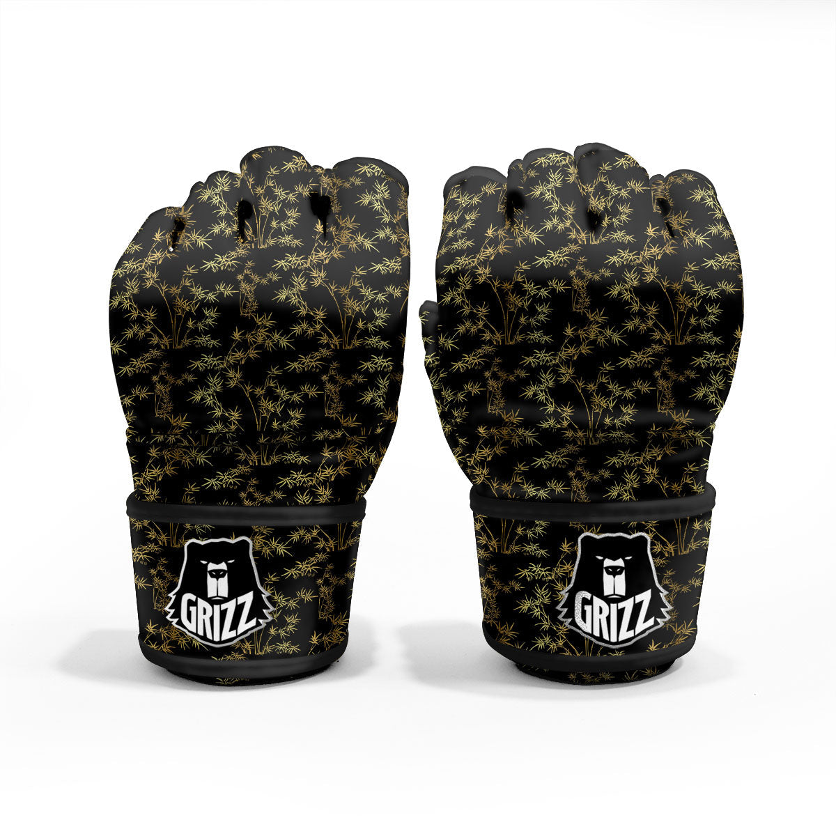 Japanese Bamboo Black And Gold Print Pattern MMA Gloves-grizzshop