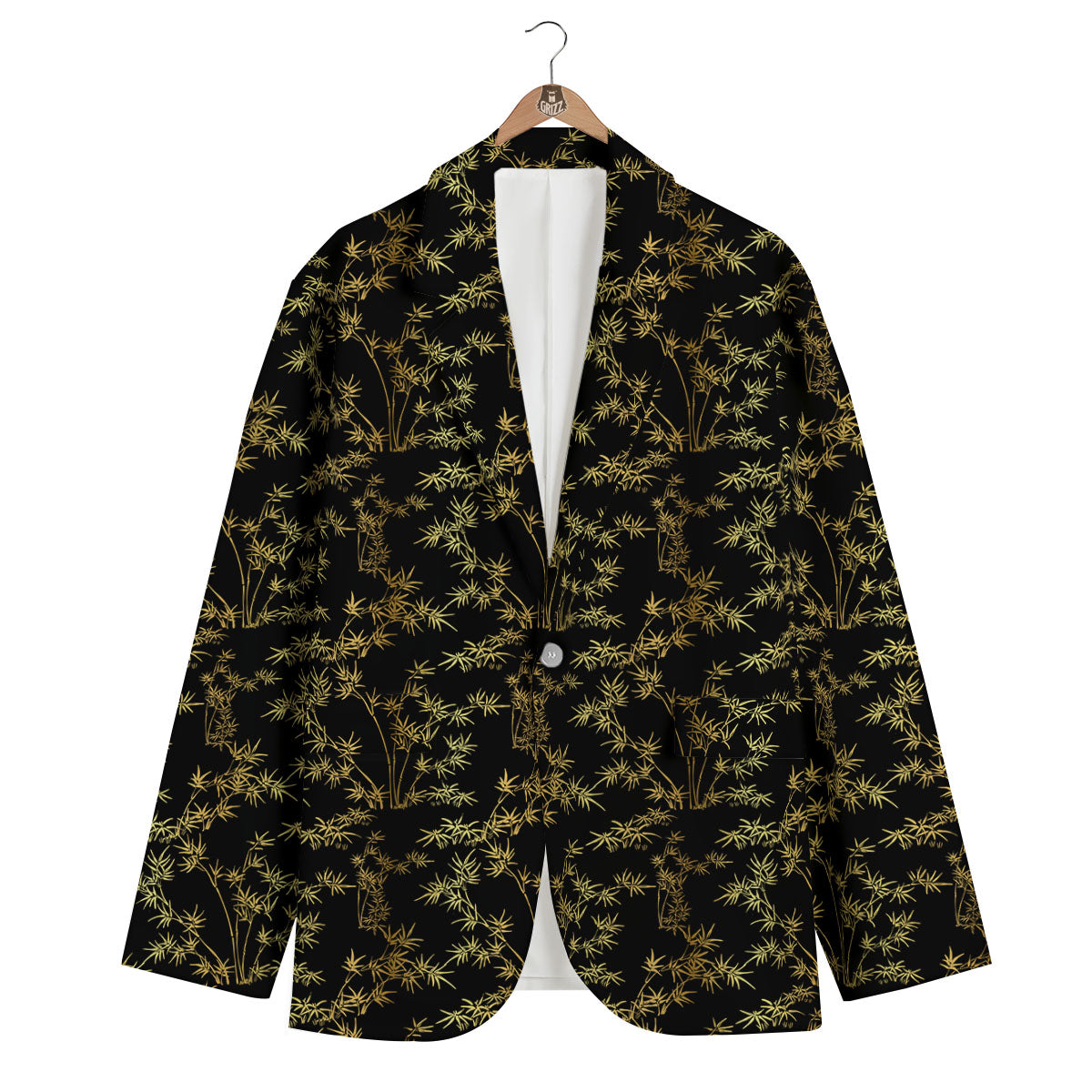 Japanese Bamboo Black And Gold Print Pattern Men's Blazer-grizzshop