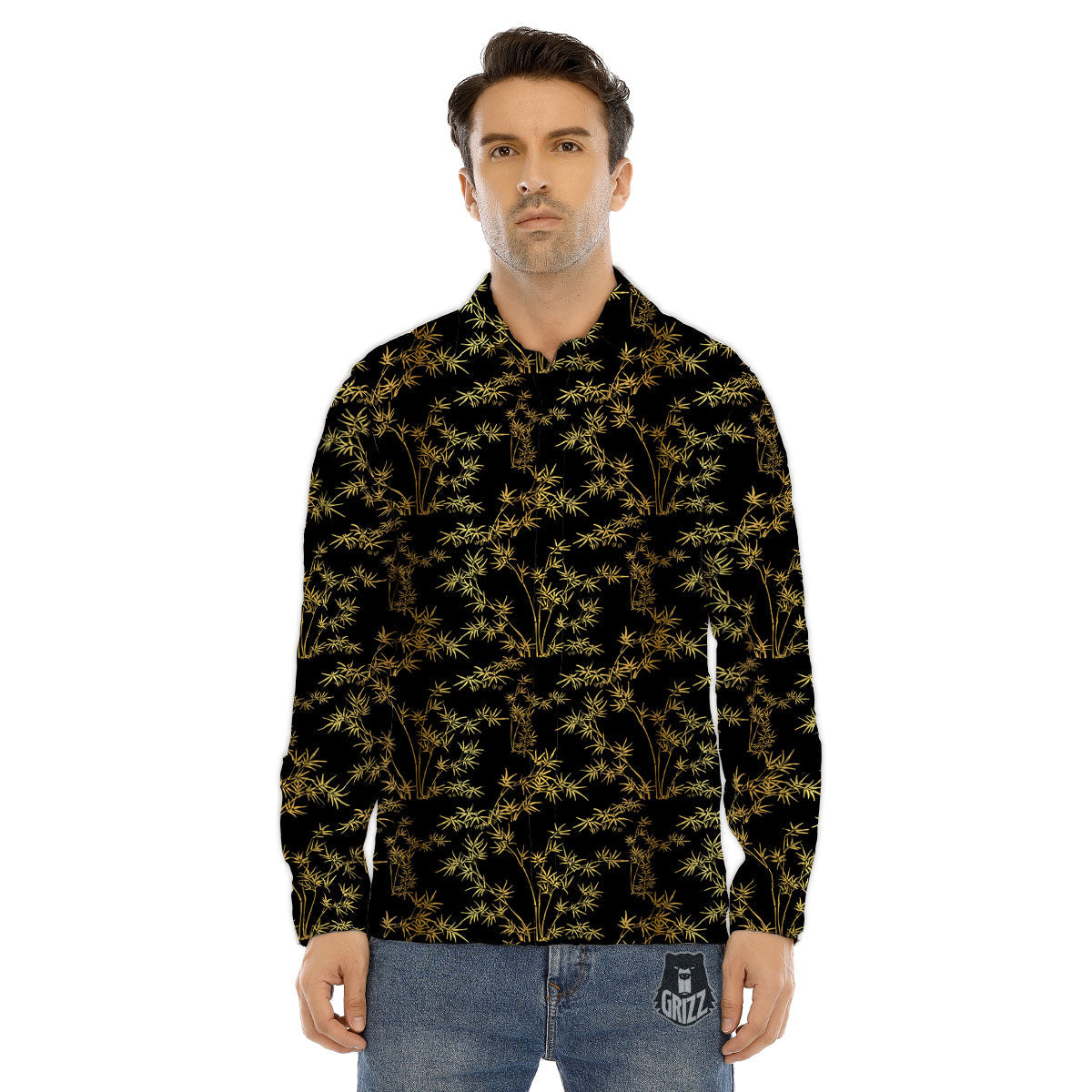 Japanese Bamboo Black And Gold Print Pattern Men's Dress Shirts-grizzshop
