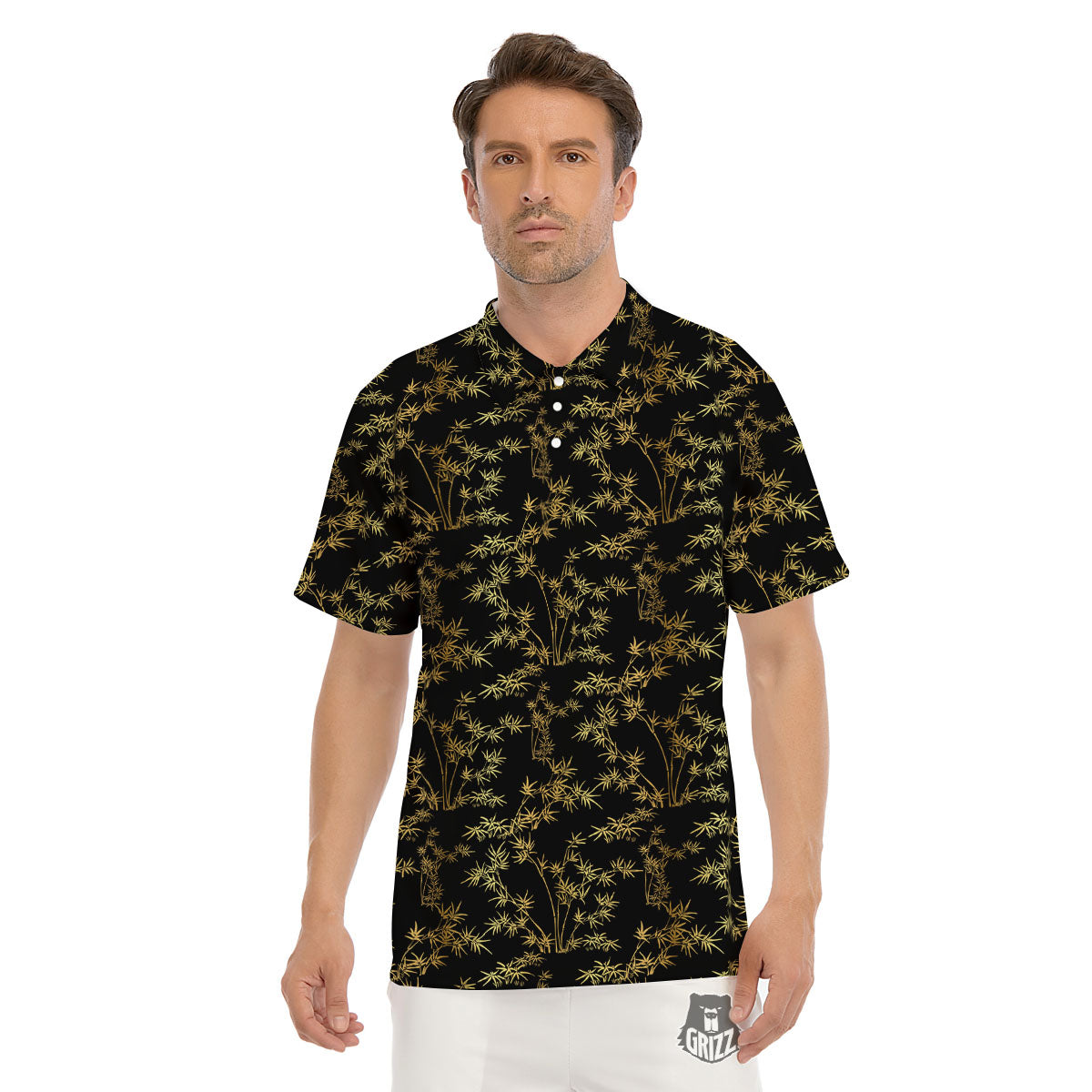 Japanese Bamboo Black And Gold Print Pattern Men's Golf Shirts-grizzshop