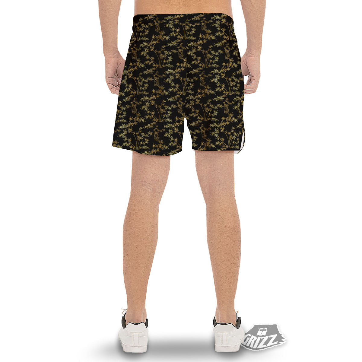 Japanese Bamboo Black And Gold Print Pattern Men's Gym Shorts-grizzshop