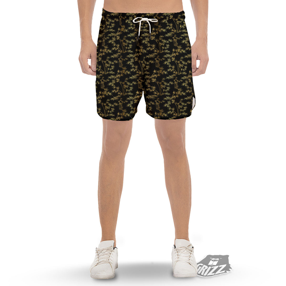Japanese Bamboo Black And Gold Print Pattern Men's Gym Shorts-grizzshop