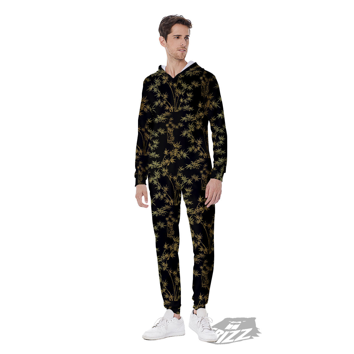 Japanese Bamboo Black And Gold Print Pattern Men's Jumpsuit-grizzshop