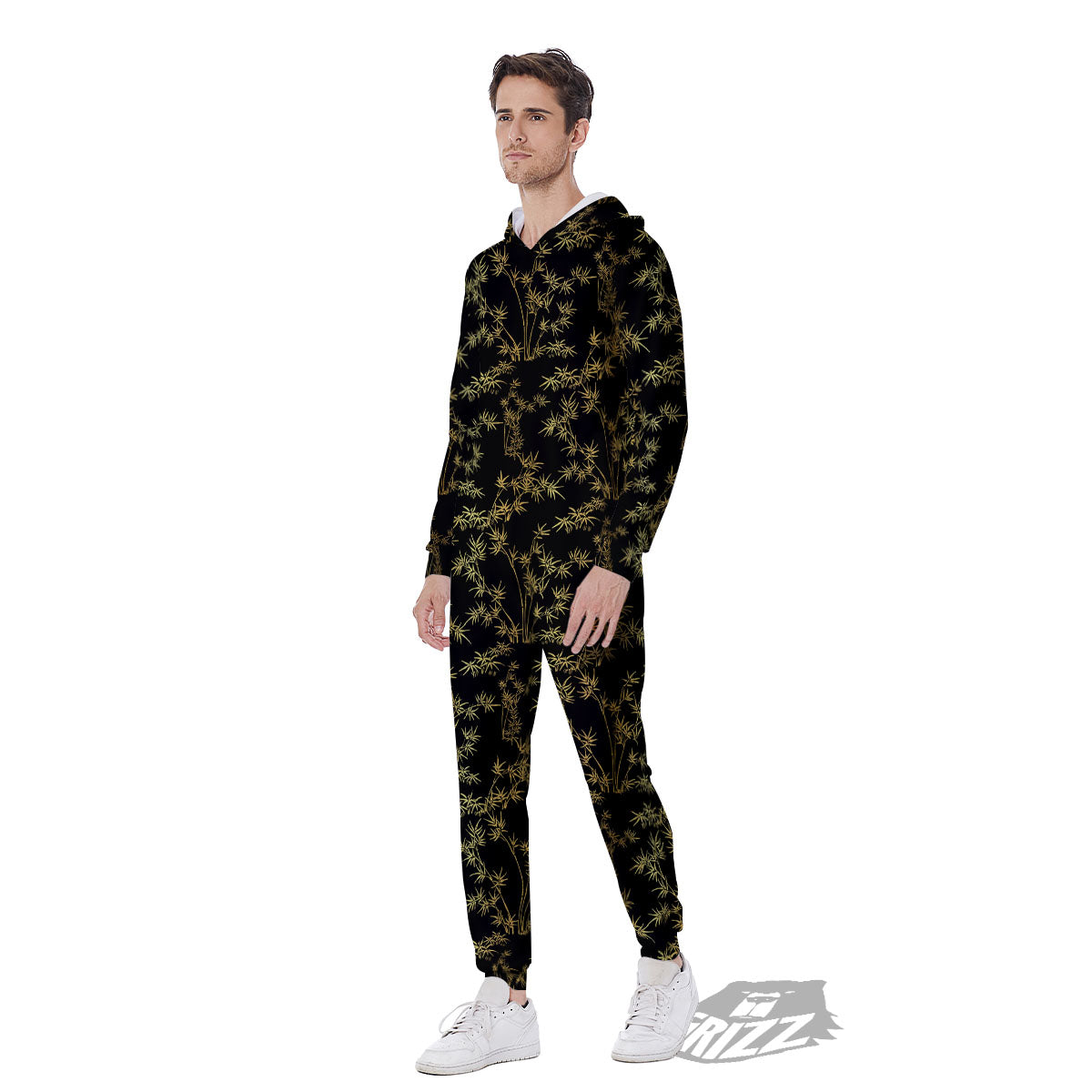 Japanese Bamboo Black And Gold Print Pattern Men's Jumpsuit-grizzshop