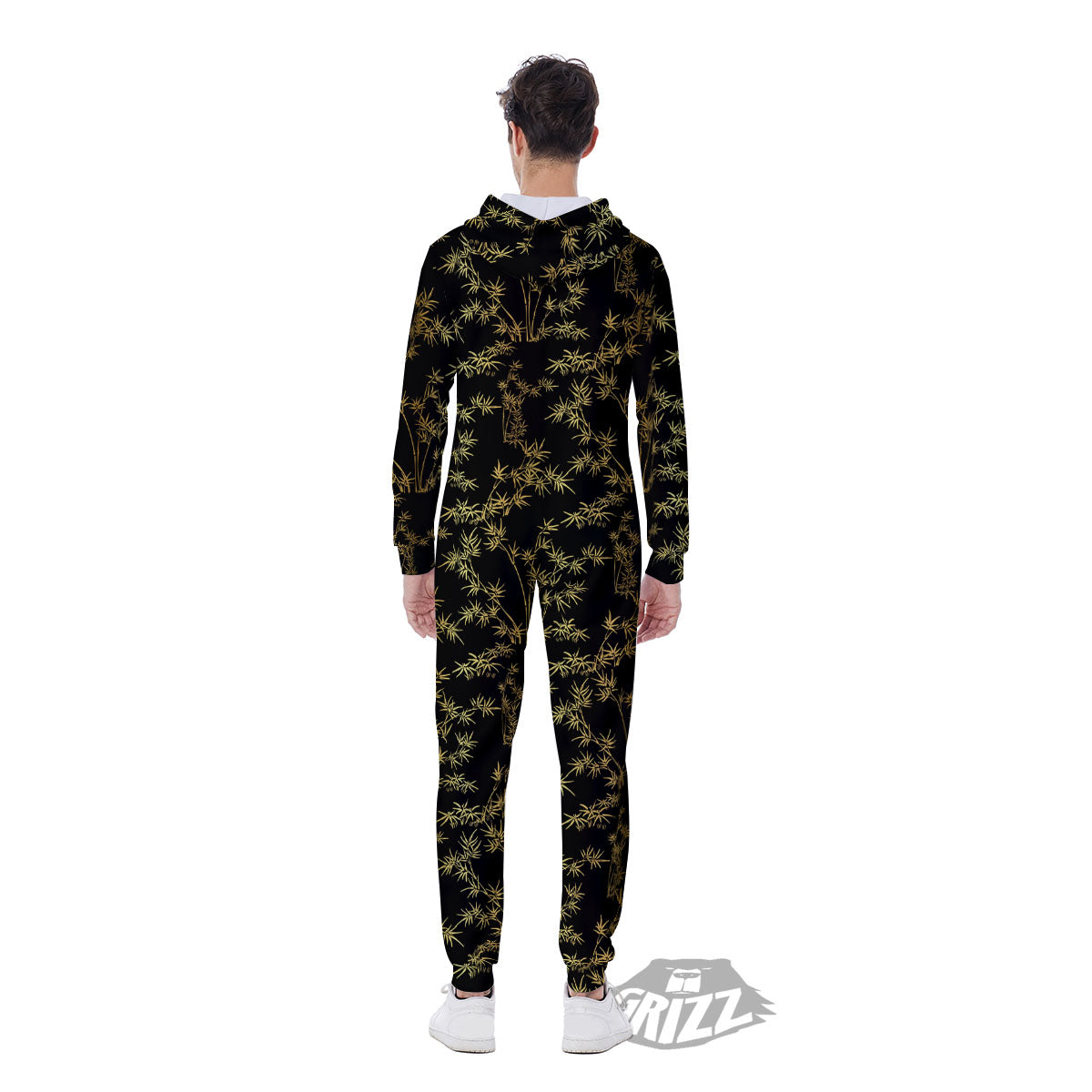 Japanese Bamboo Black And Gold Print Pattern Men's Jumpsuit-grizzshop