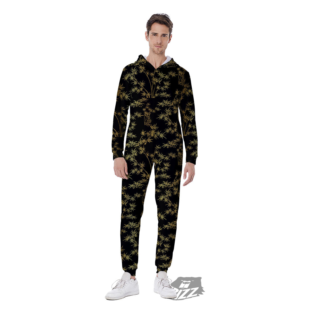 Japanese Bamboo Black And Gold Print Pattern Men's Jumpsuit-grizzshop