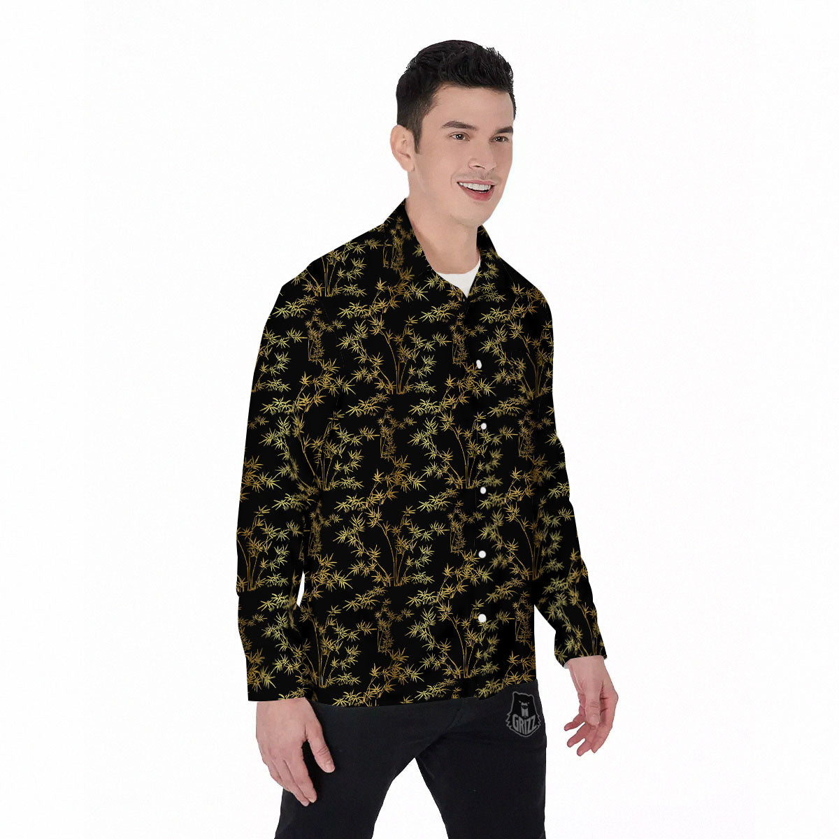 Japanese Bamboo Black And Gold Print Pattern Men's Long Sleeve Shirts-grizzshop