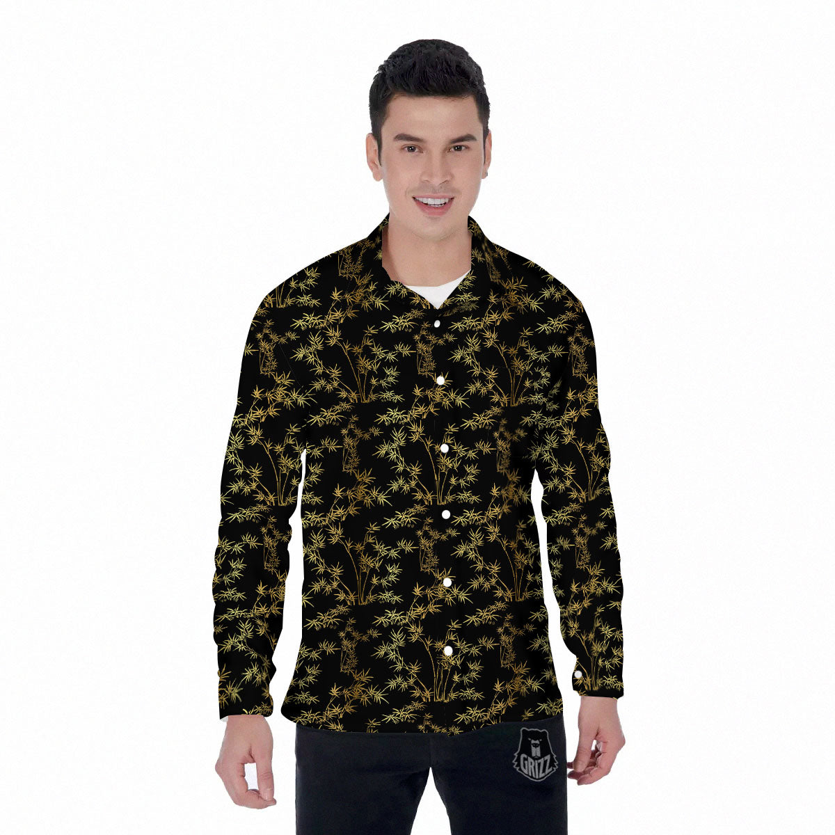 Japanese Bamboo Black And Gold Print Pattern Men's Long Sleeve Shirts-grizzshop