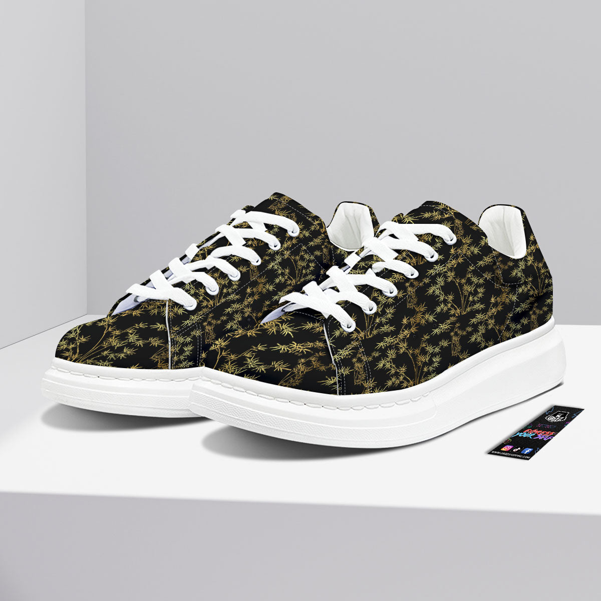 Japanese Bamboo Black And Gold Print Pattern Platform Shoes-grizzshop