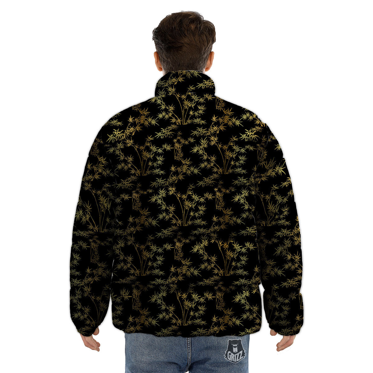 Japanese Bamboo Black And Gold Print Pattern Puffer Jacket-grizzshop