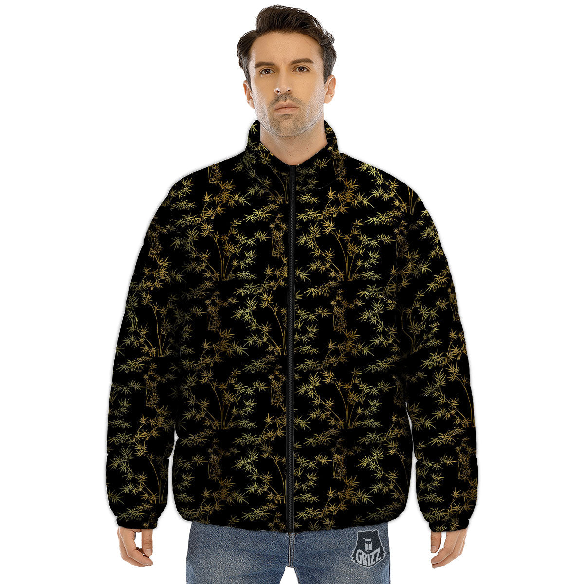 Japanese Bamboo Black And Gold Print Pattern Puffer Jacket-grizzshop