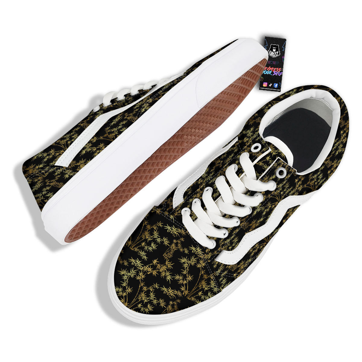 Japanese Bamboo Black And Gold Print Pattern Skate Shoes-grizzshop
