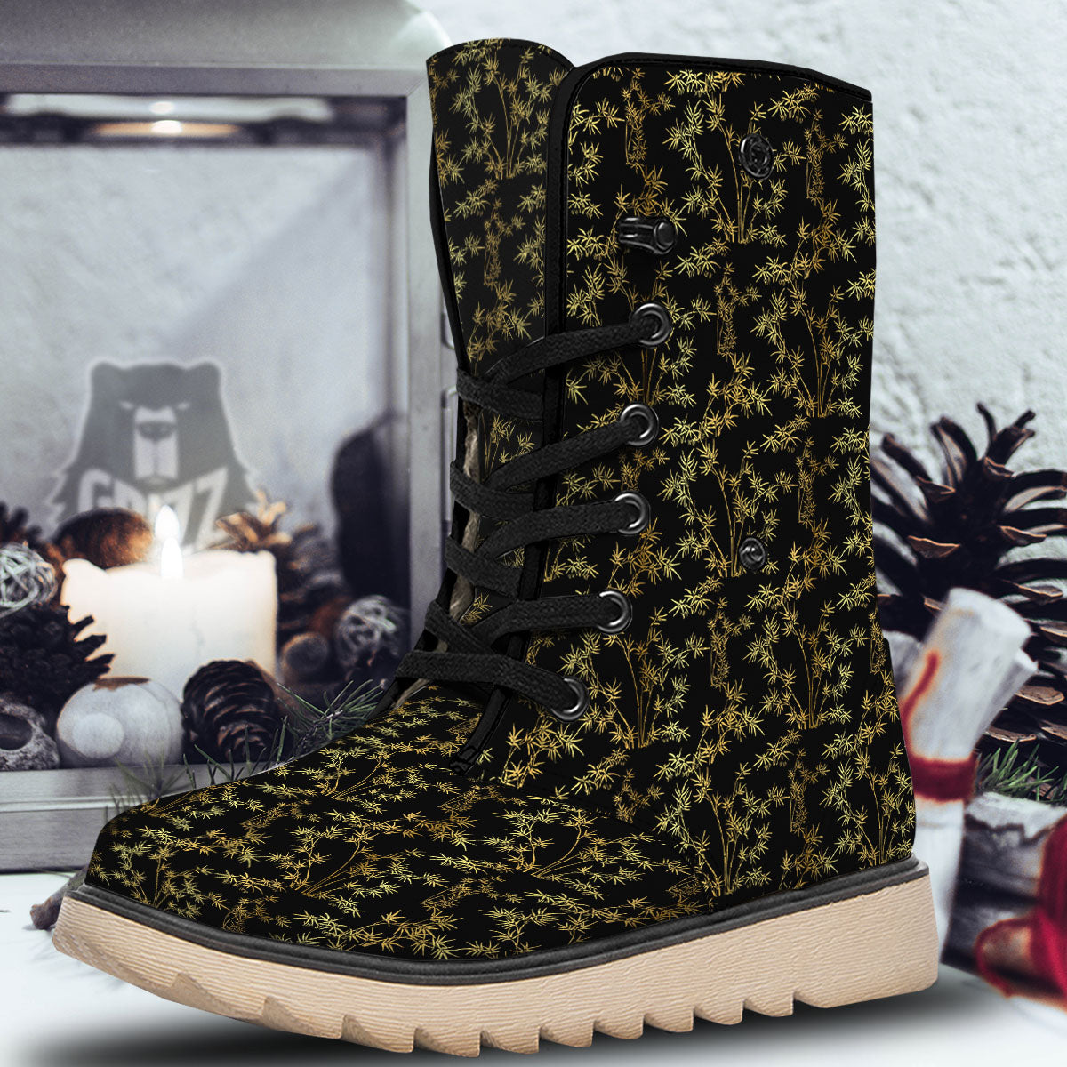 Japanese Bamboo Black And Gold Print Pattern Snow Boots-grizzshop