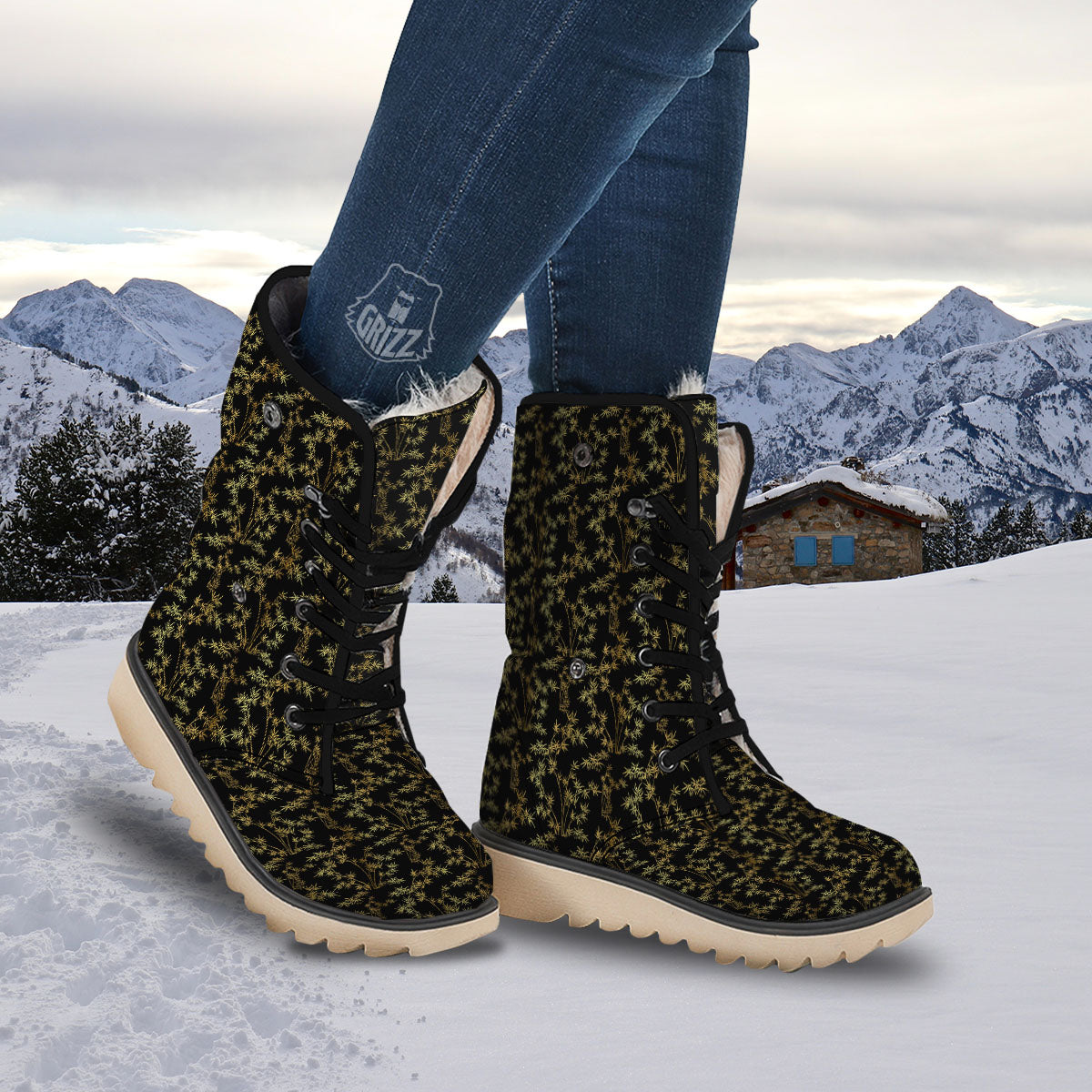 Japanese Bamboo Black And Gold Print Pattern Snow Boots-grizzshop