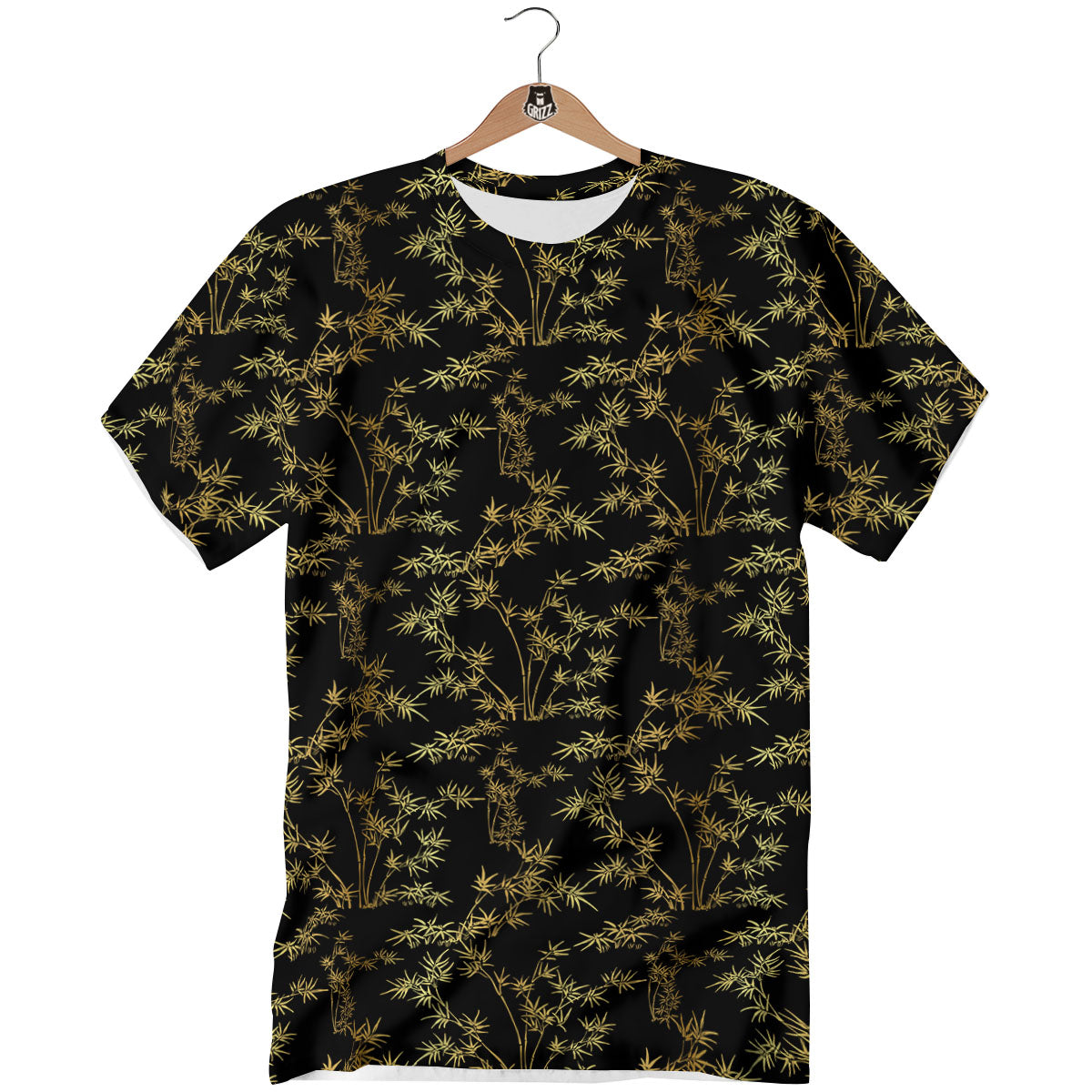 Japanese Bamboo Black And Gold Print Pattern T-Shirt-grizzshop