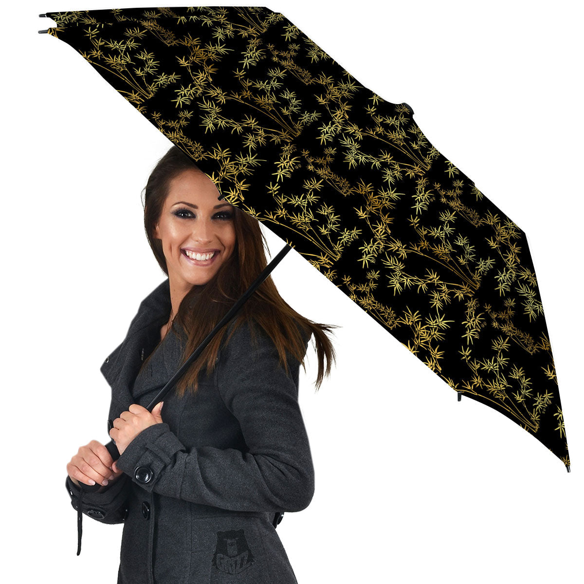 Japanese Bamboo Black And Gold Print Pattern Umbrella-grizzshop