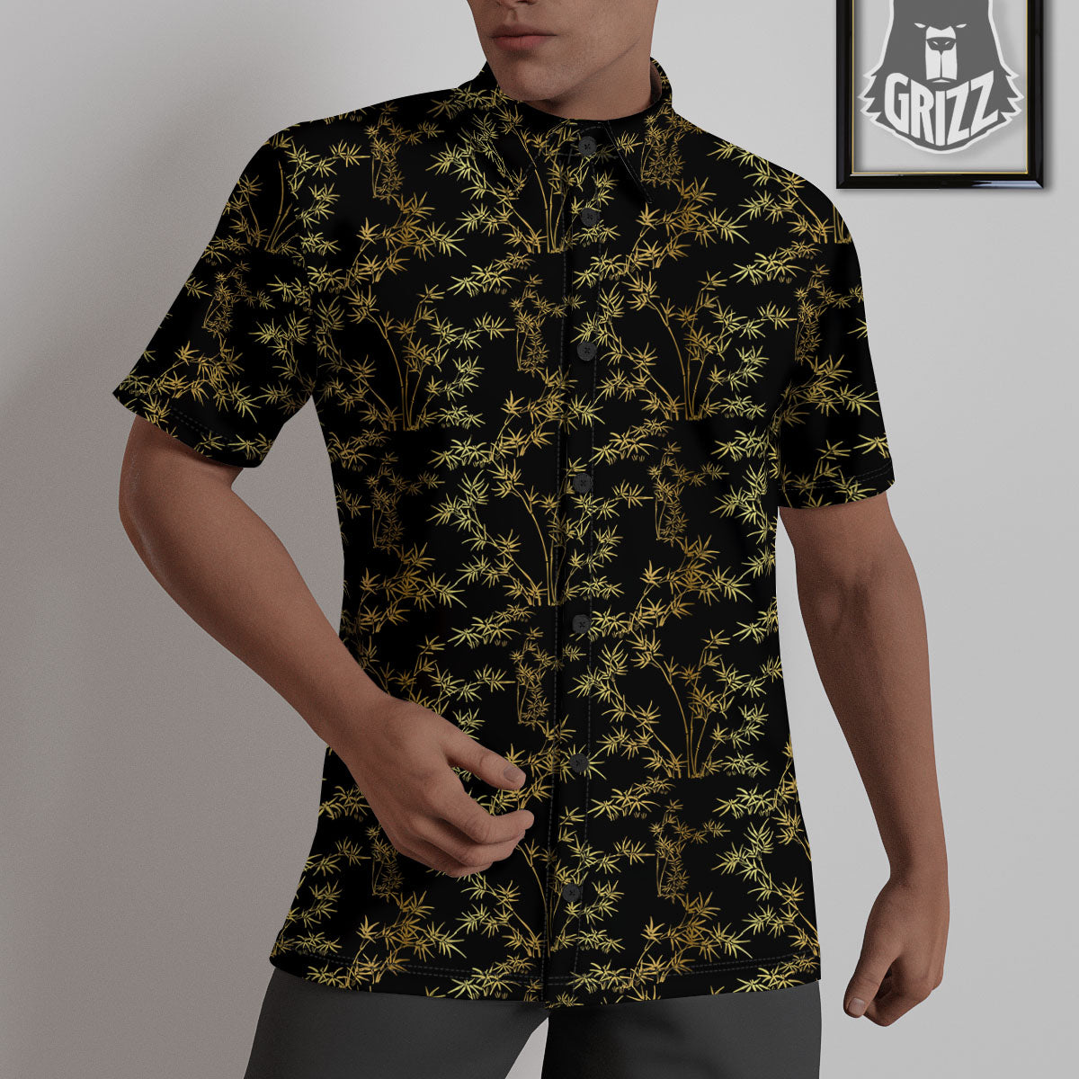Japanese Bamboo Black And Gold Print Pattern Untucked Shirts-grizzshop