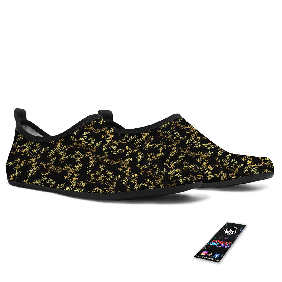 Japanese Bamboo Black And Gold Print Pattern Water Shoes-grizzshop