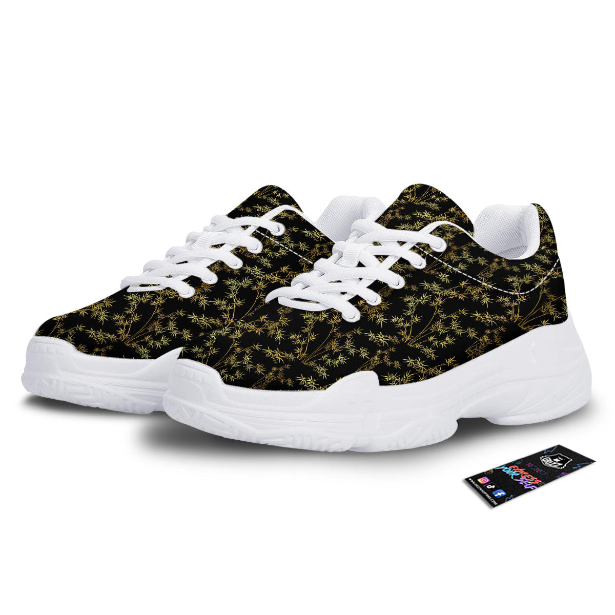 Japanese Bamboo Black And Gold Print Pattern White Chunky Shoes-grizzshop