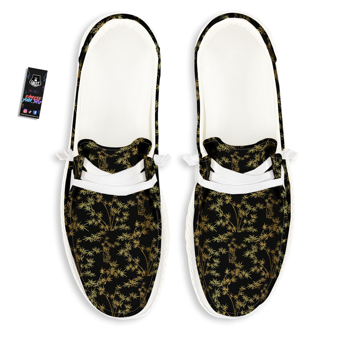 Japanese Bamboo Black And Gold Print Pattern White Loafers-grizzshop