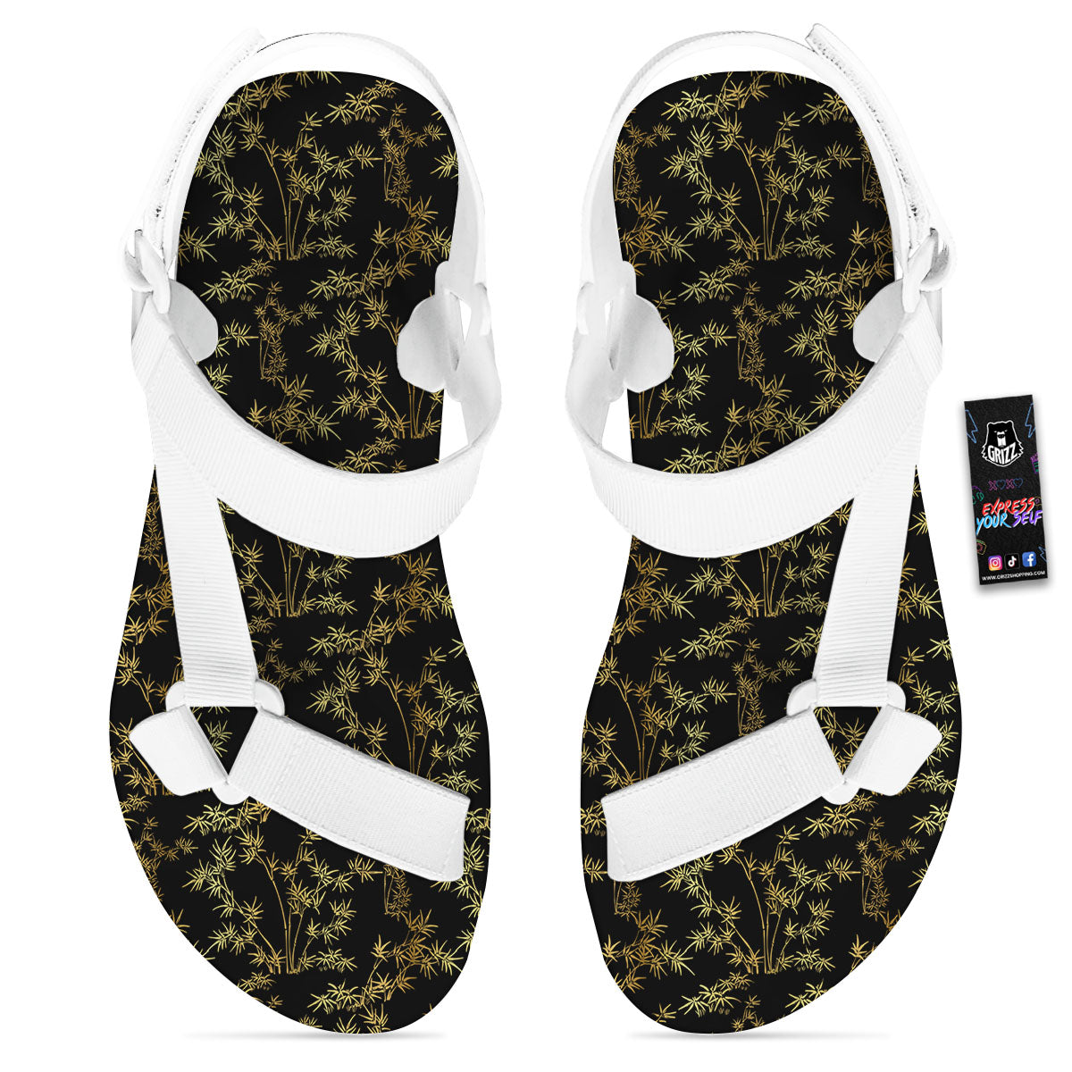 Japanese Bamboo Black And Gold Print Pattern White Open Toe Sandals-grizzshop