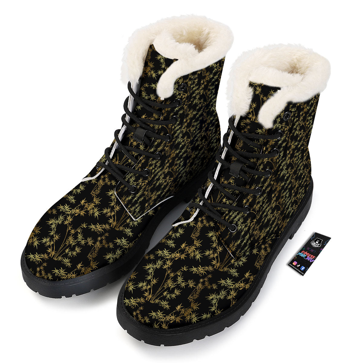 Japanese Bamboo Black And Gold Print Pattern Winter Boots-grizzshop