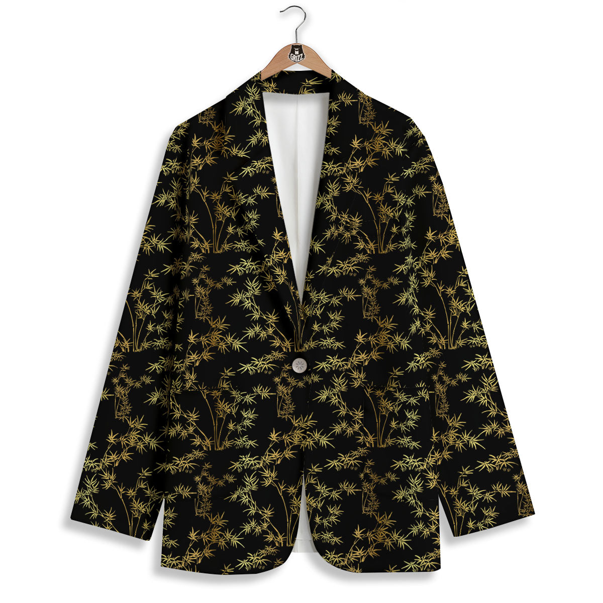 Japanese Bamboo Black And Gold Print Pattern Women's Blazer-grizzshop