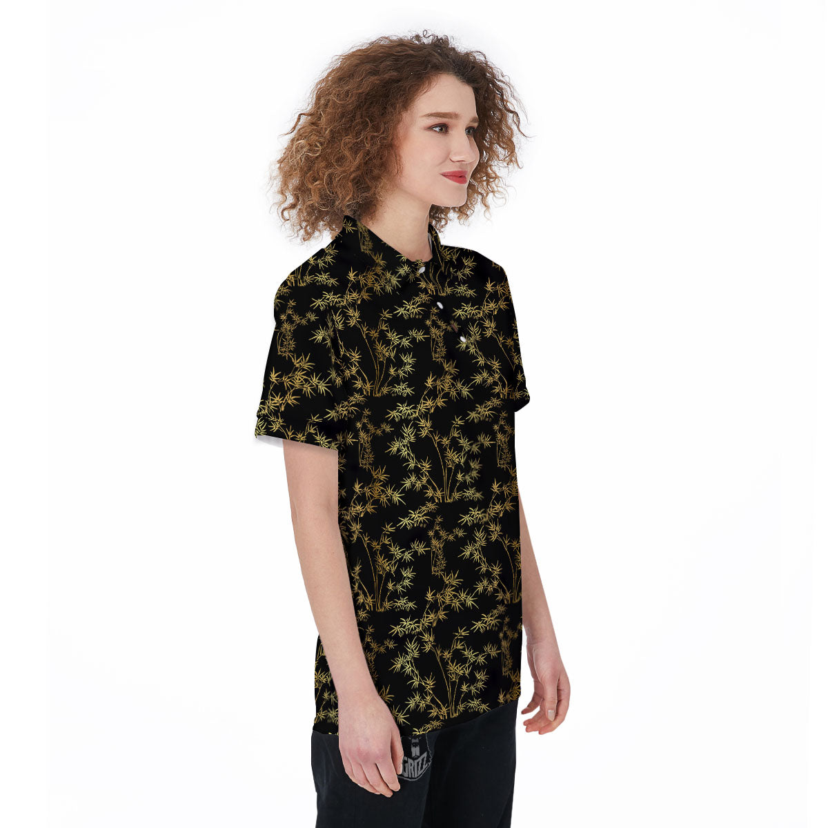 Japanese Bamboo Black And Gold Print Pattern Women's Golf Shirts-grizzshop