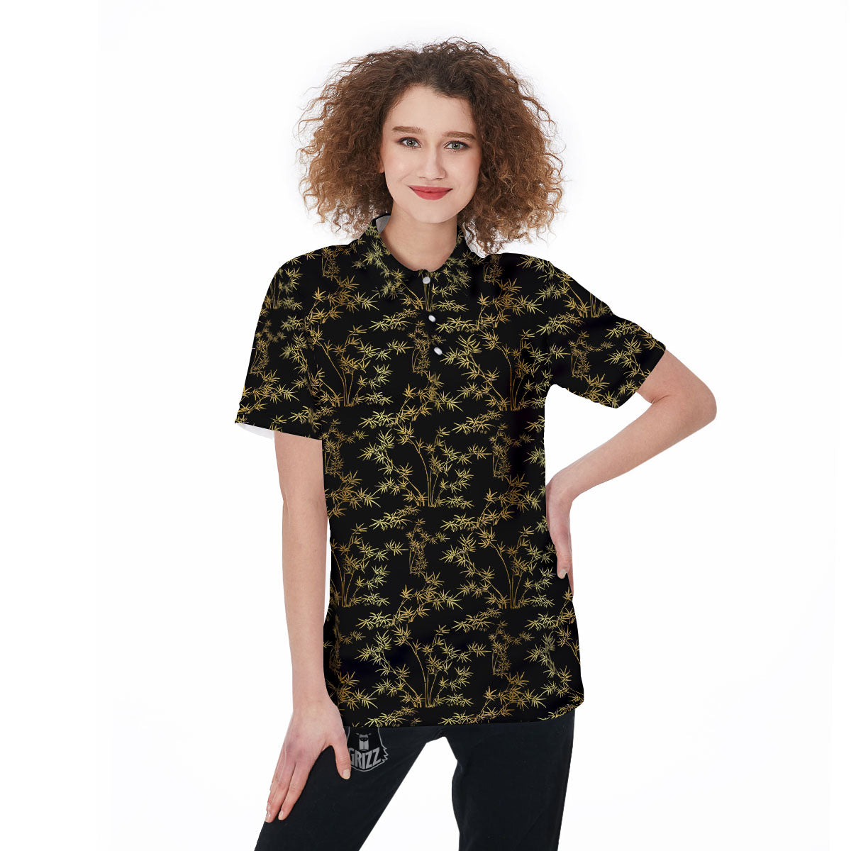 Japanese Bamboo Black And Gold Print Pattern Women's Golf Shirts-grizzshop
